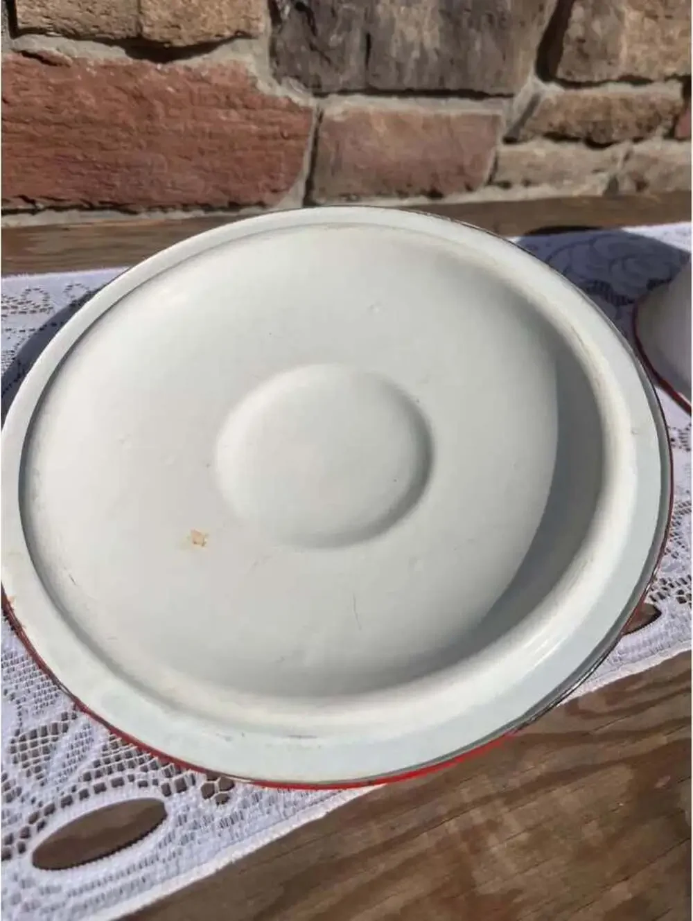 Vintage White Enamelware Pot with Lid & Basin Set Red Trim Farmhouse Cookware